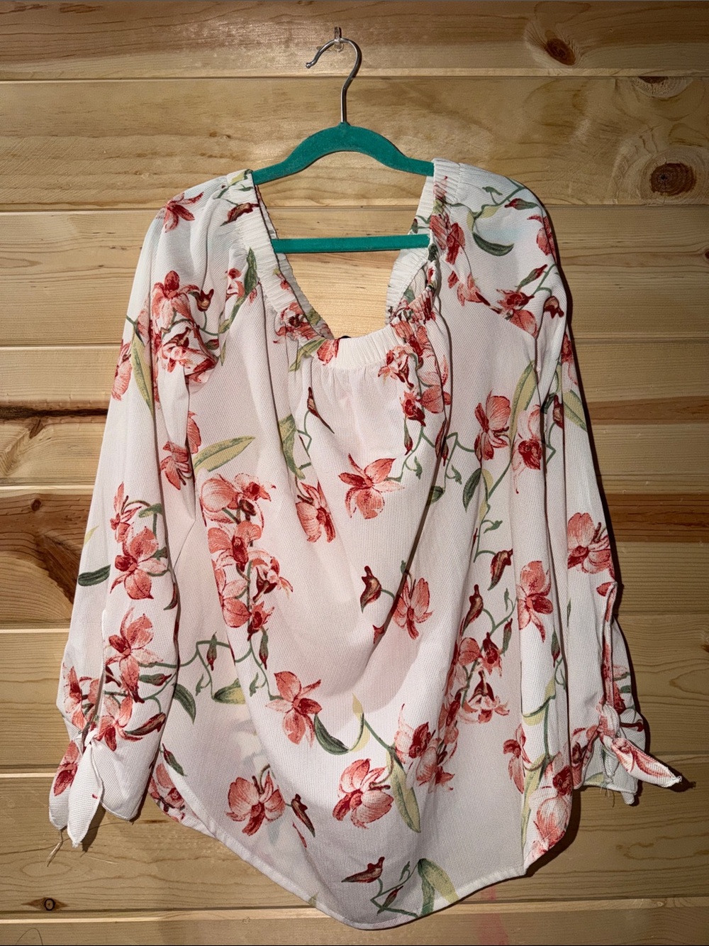 White Floral Peasant Blouse Off Shoulder with Red-Pink Blossoms